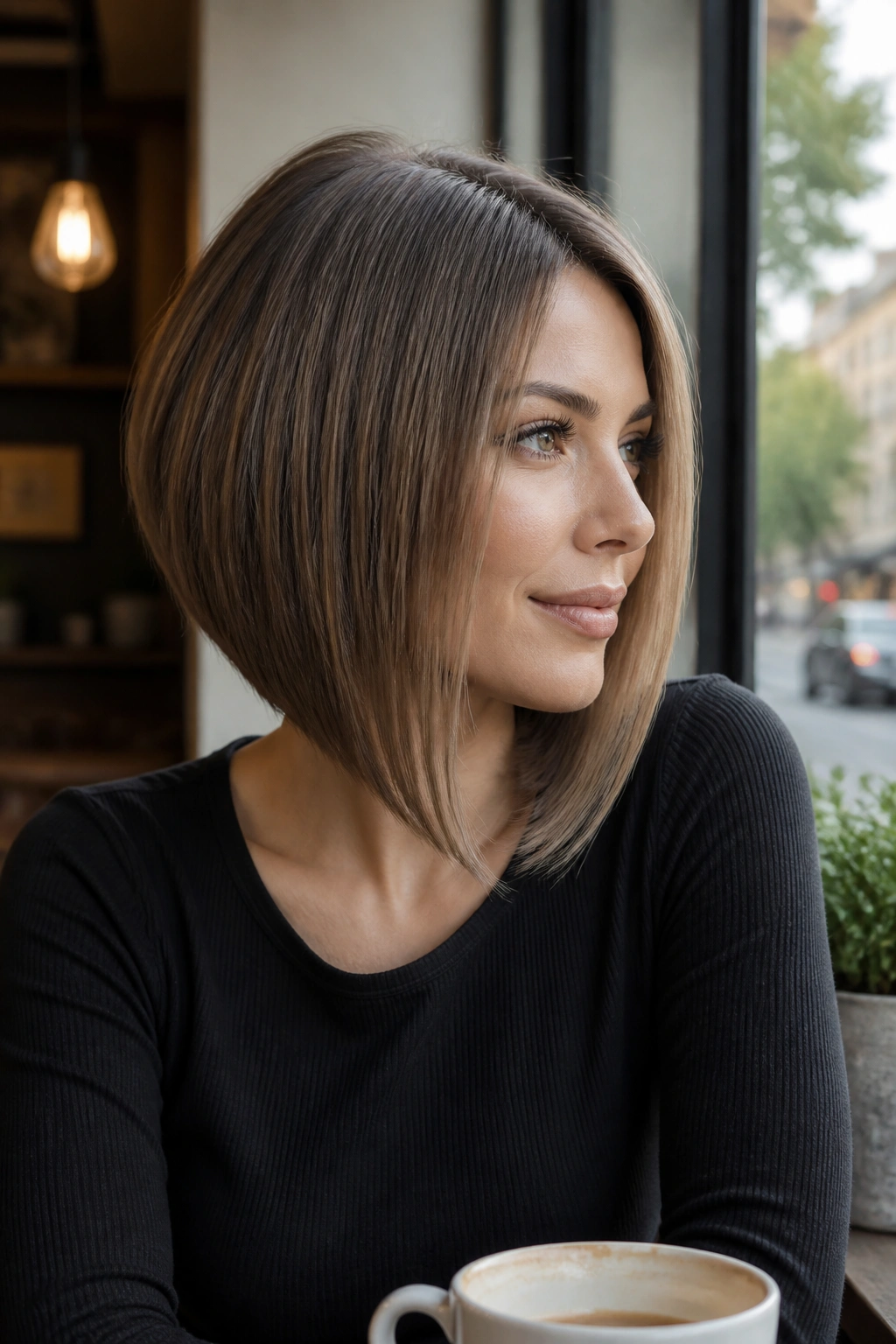 Portrait of a woman with a shoulder-skimming long-line inverted bob showcasing longer front pieces.