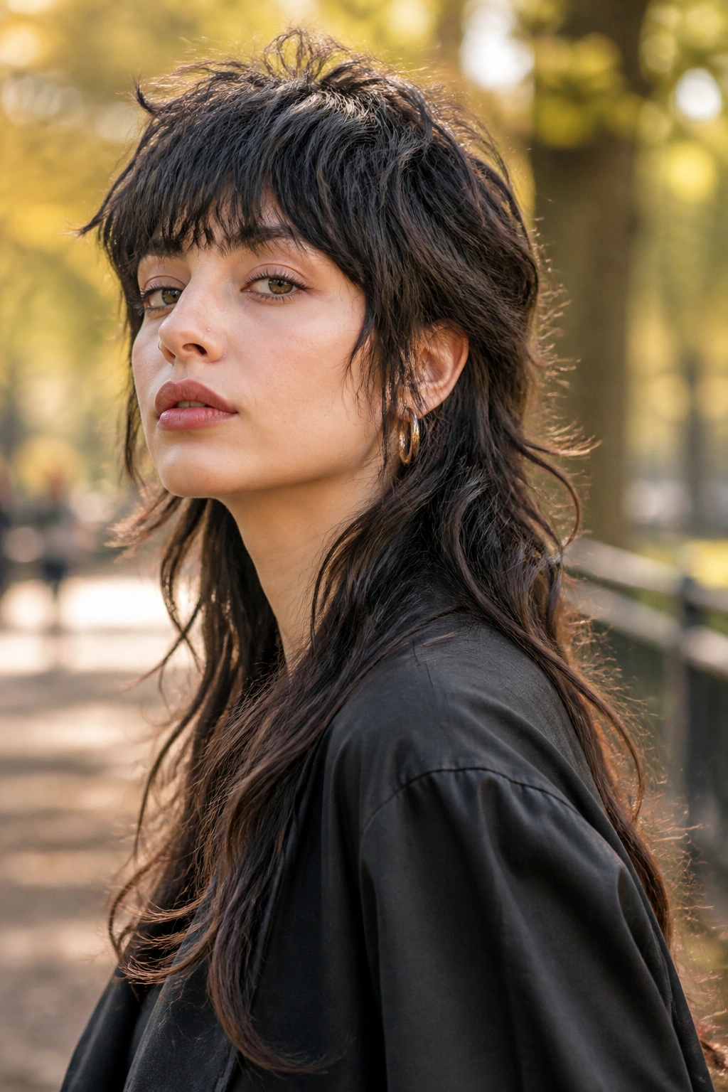 Real woman with long shaggy mullet, short front layers and long back, outdoors with autumn light.