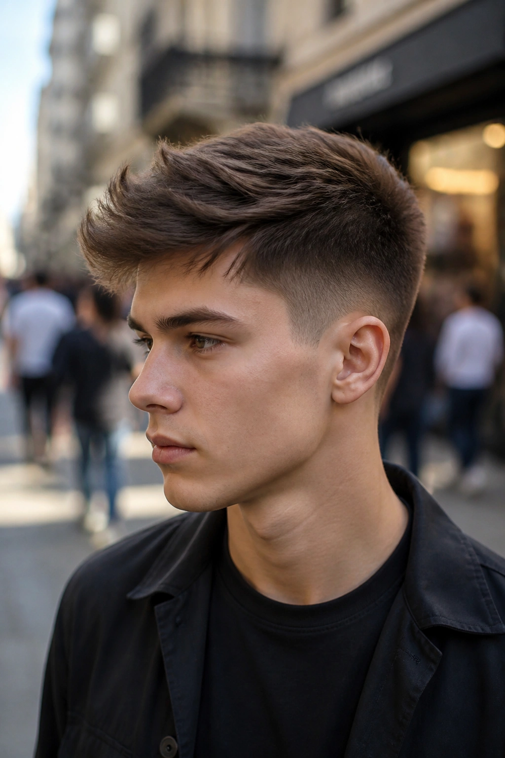 Close-up portrait of a real person with a long-on-top crop outdoors