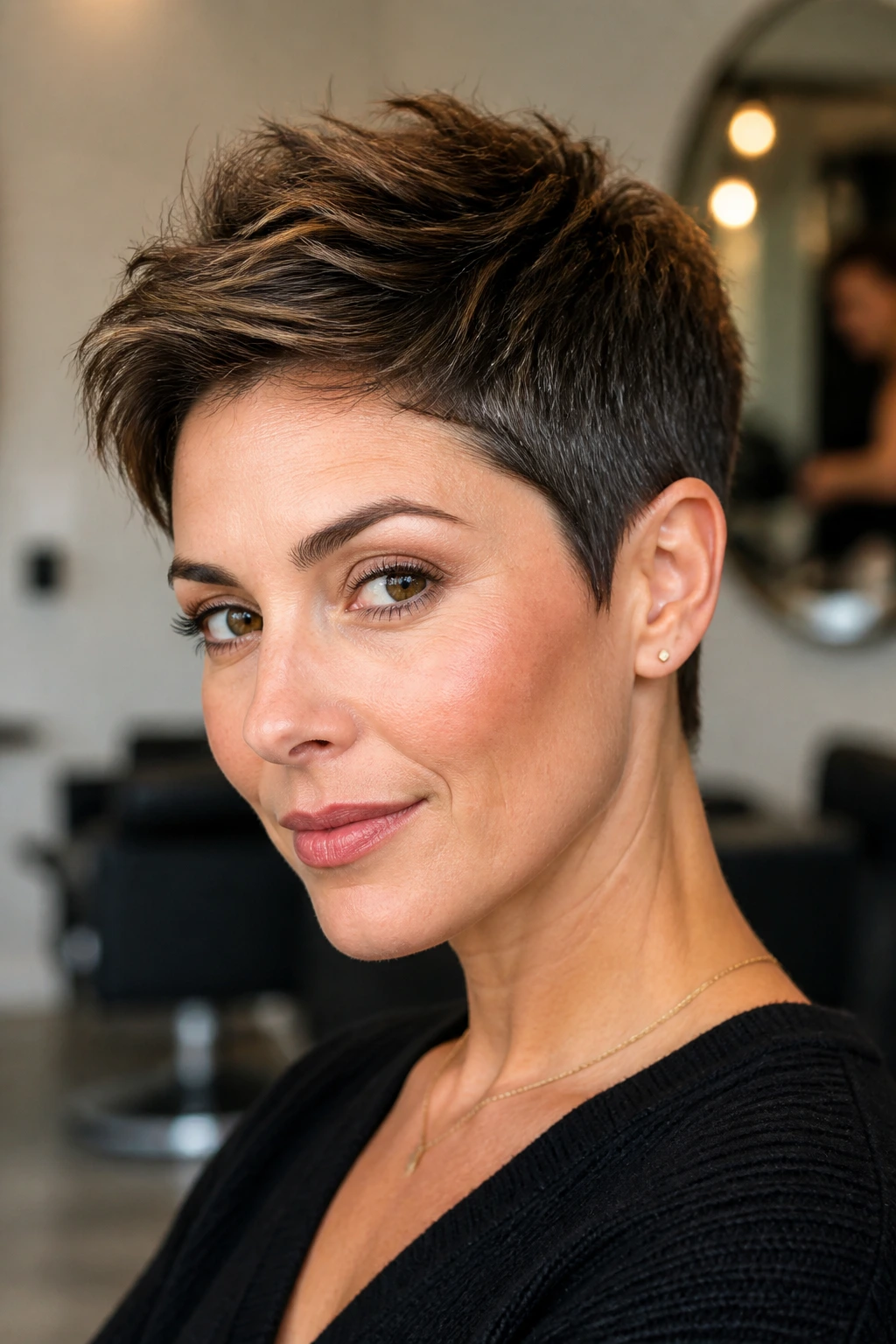 Close-up of a real woman with long-on-top micro pixie in a contemporary salon