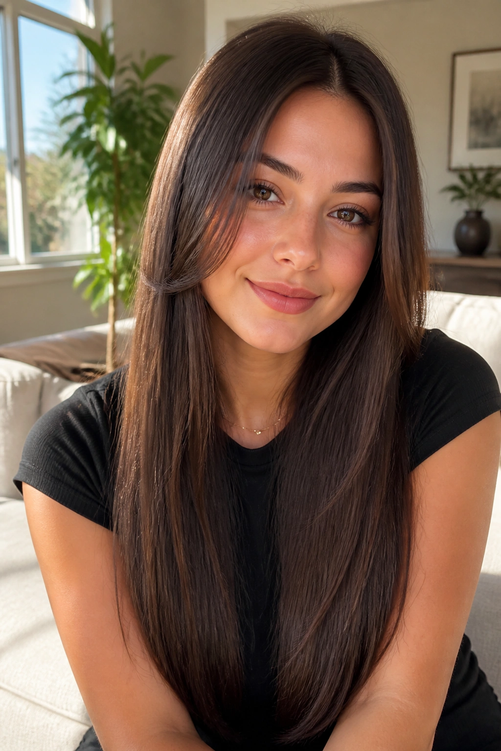 Close-up of a real woman with long one-length hair and face framing layers