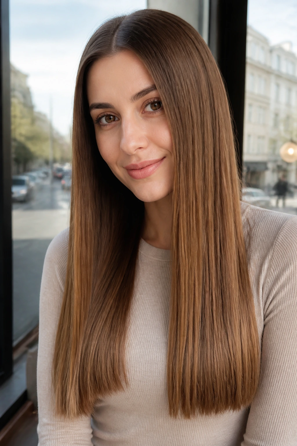 Real woman with long blunt one-length haircut