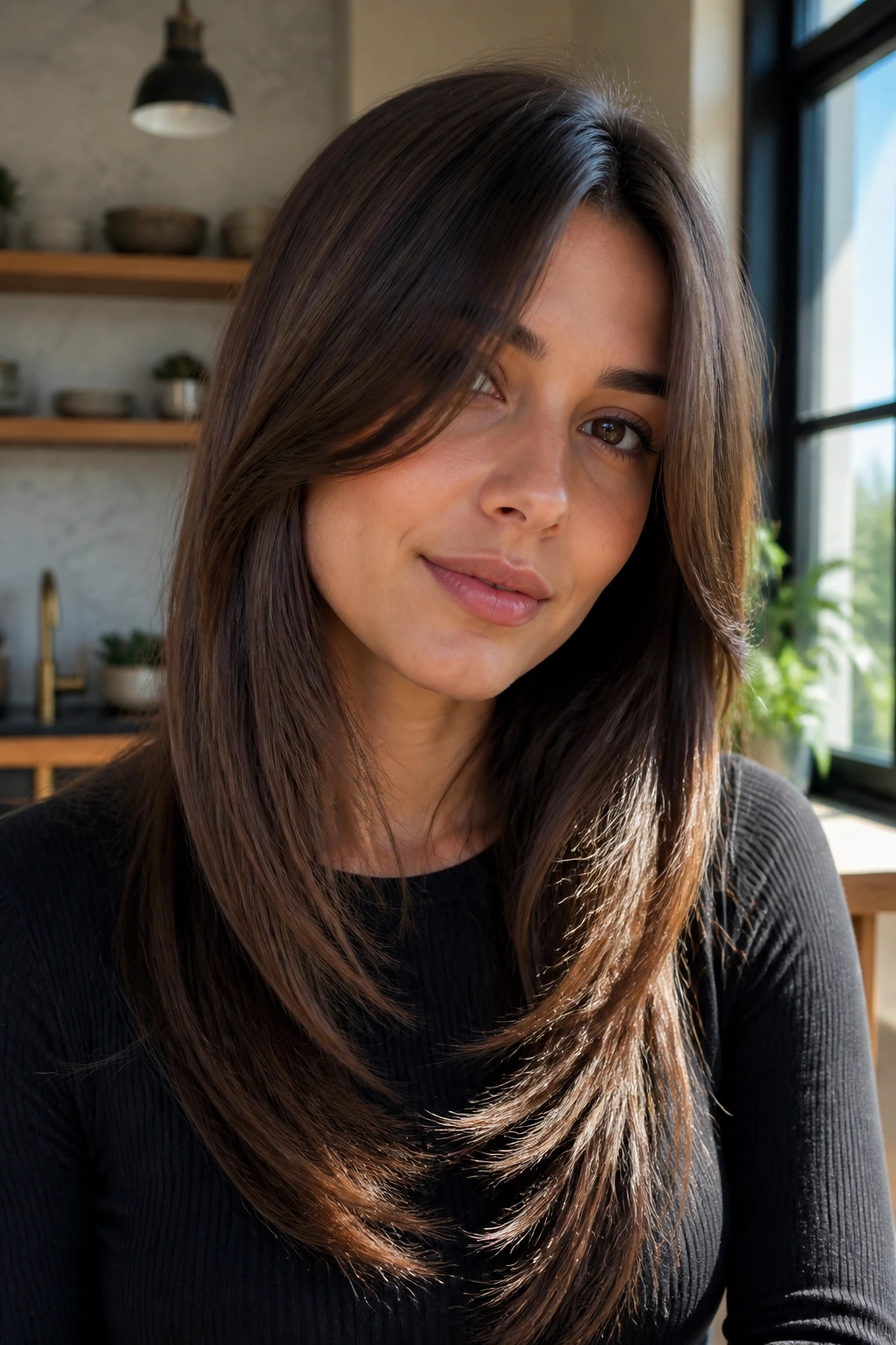 Portrait of a real woman with a long parted fringe and sleek layered hair.