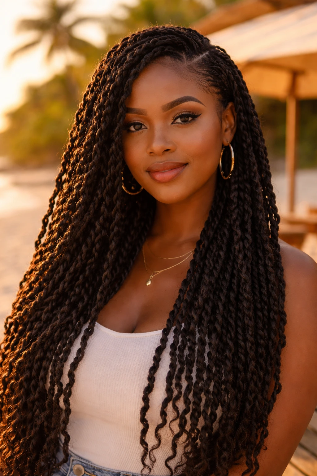Real woman with long passion twists draped over shoulder in golden hour light.