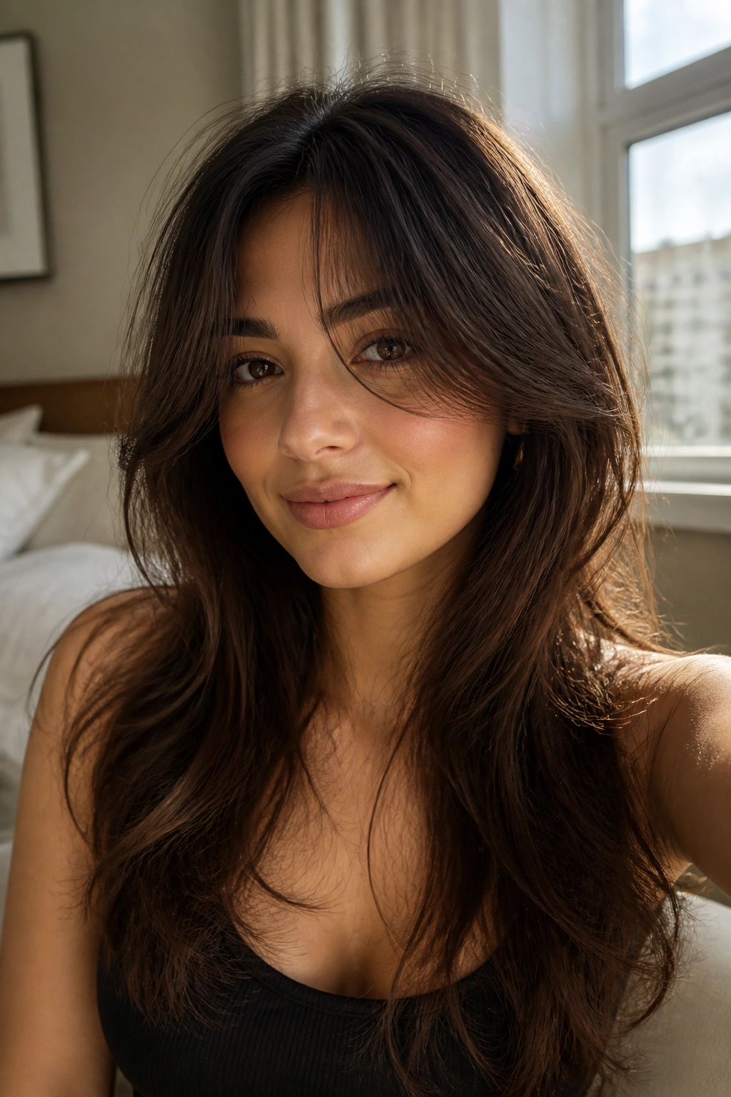 Close-up of a real woman with long peekaboo bangs in soft daylight