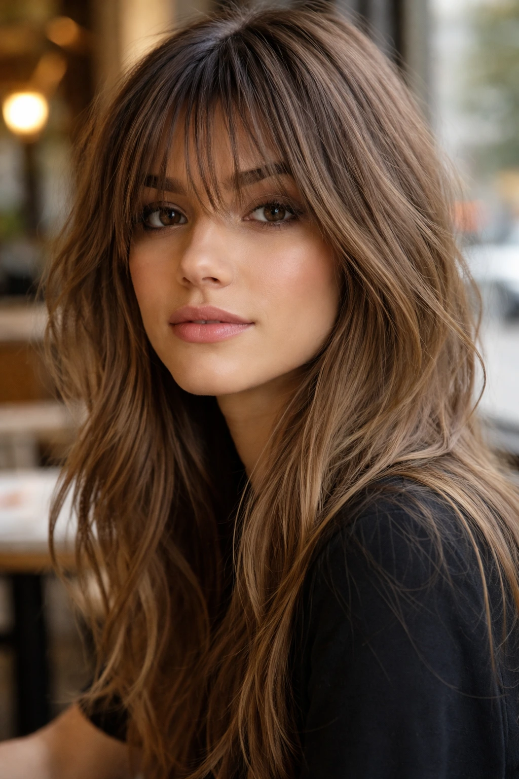 Close-up portrait of a real person with long, piecey fringe in natural light