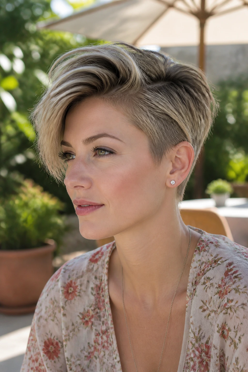 Close-up portrait of a real woman with a long pixie-bob hybrid hairstyle