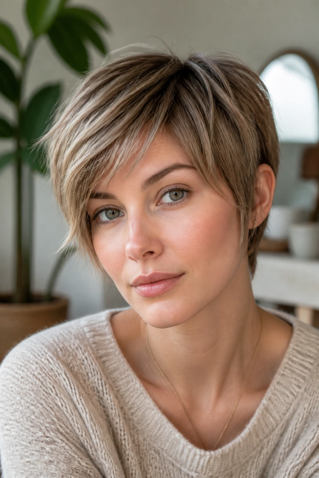 Close-up portrait of a real person with a long pixie hairstyle