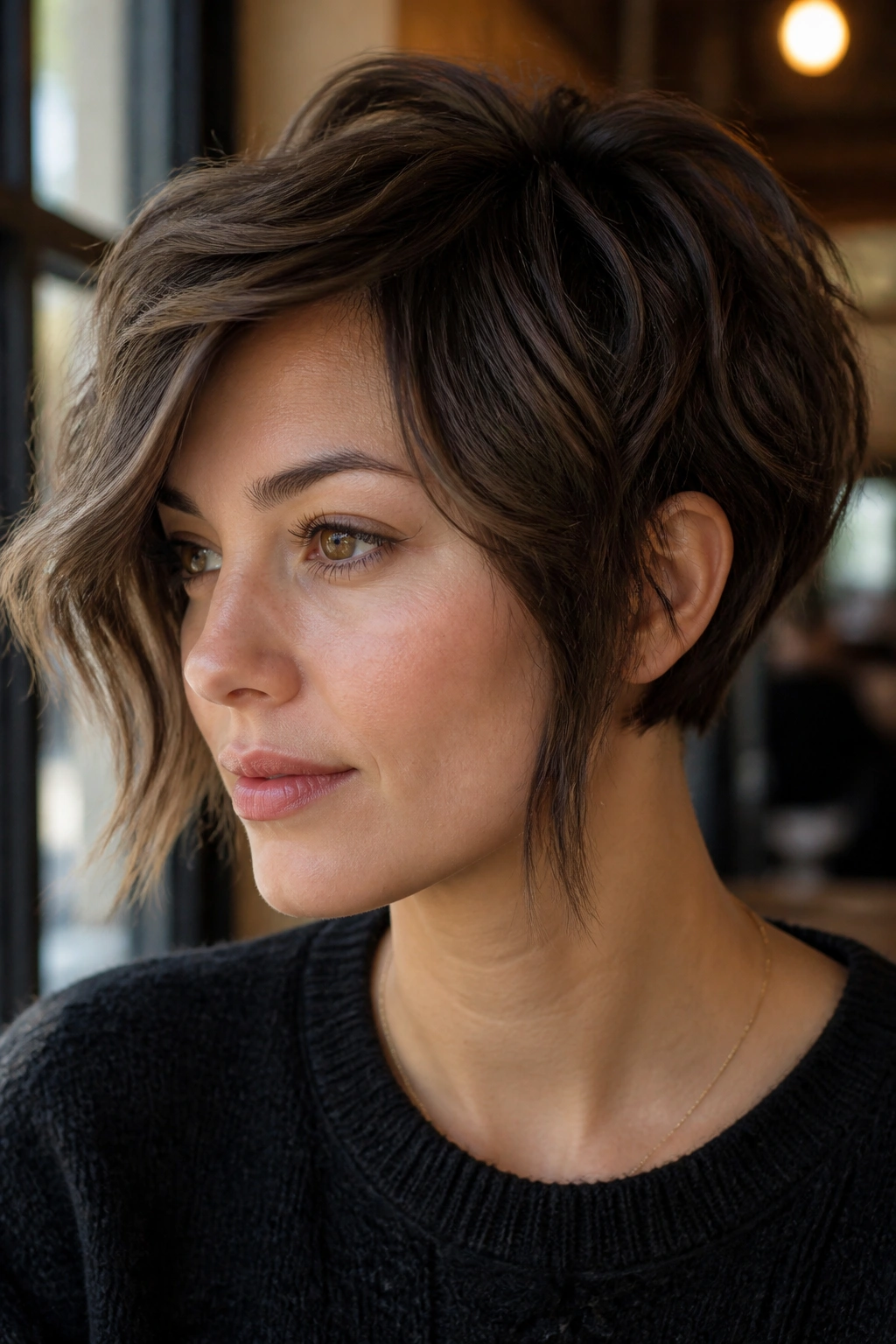 Close-up of real person with Long Pixie Bob With Sideburn Length showing jaw-length sideburns