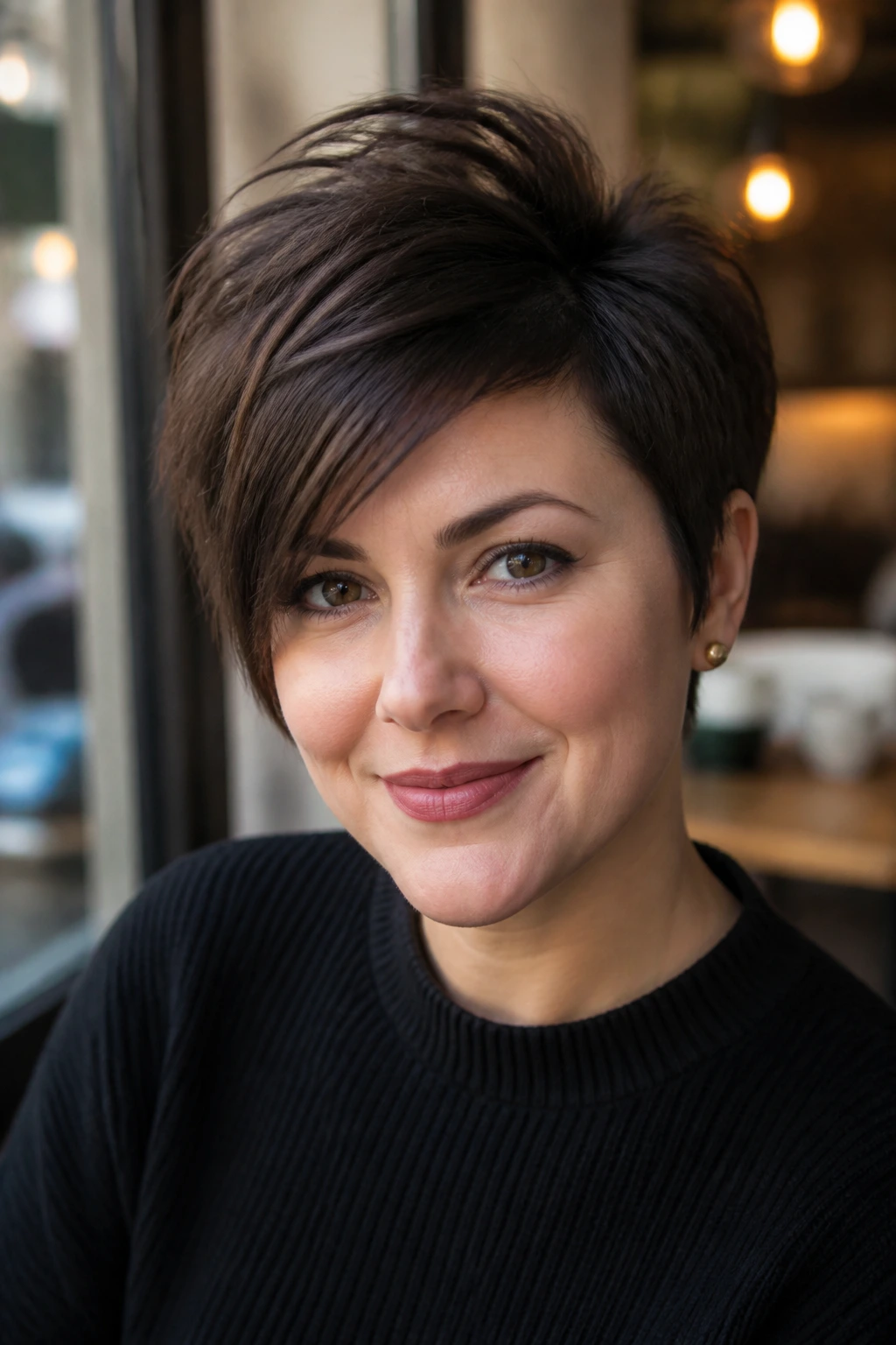 Close-up portrait of a real woman with a long pixie and crown lift