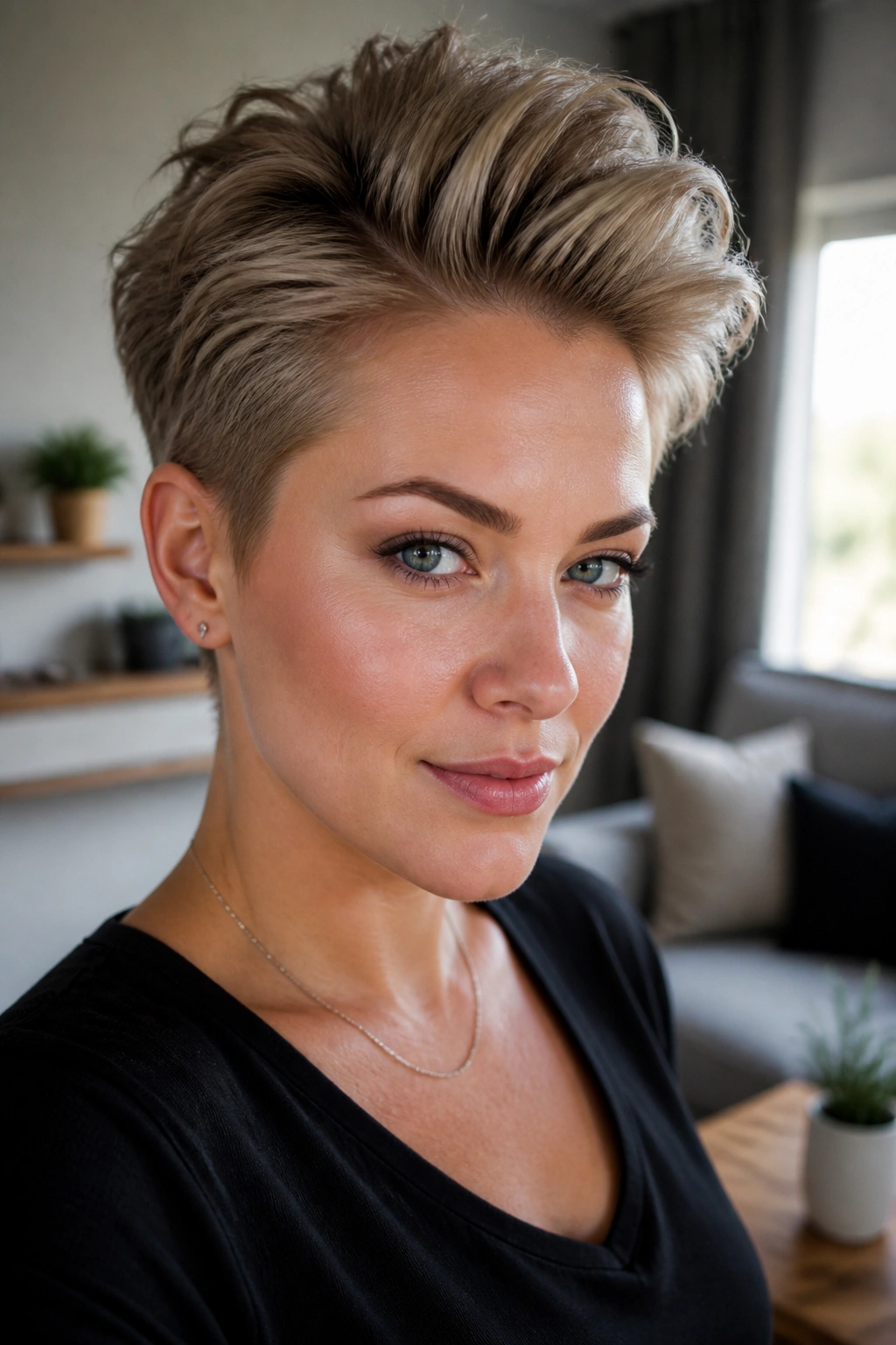 Portrait of a real woman with a long pixie hairstyle and crown volume.