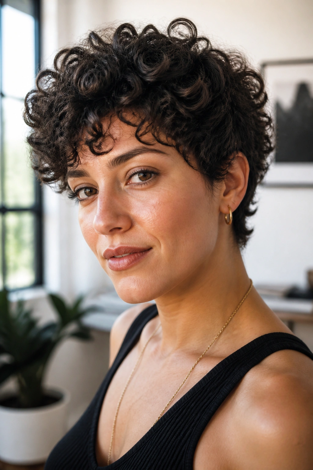 Close-up of a real woman with thick curls styled in a long pixie