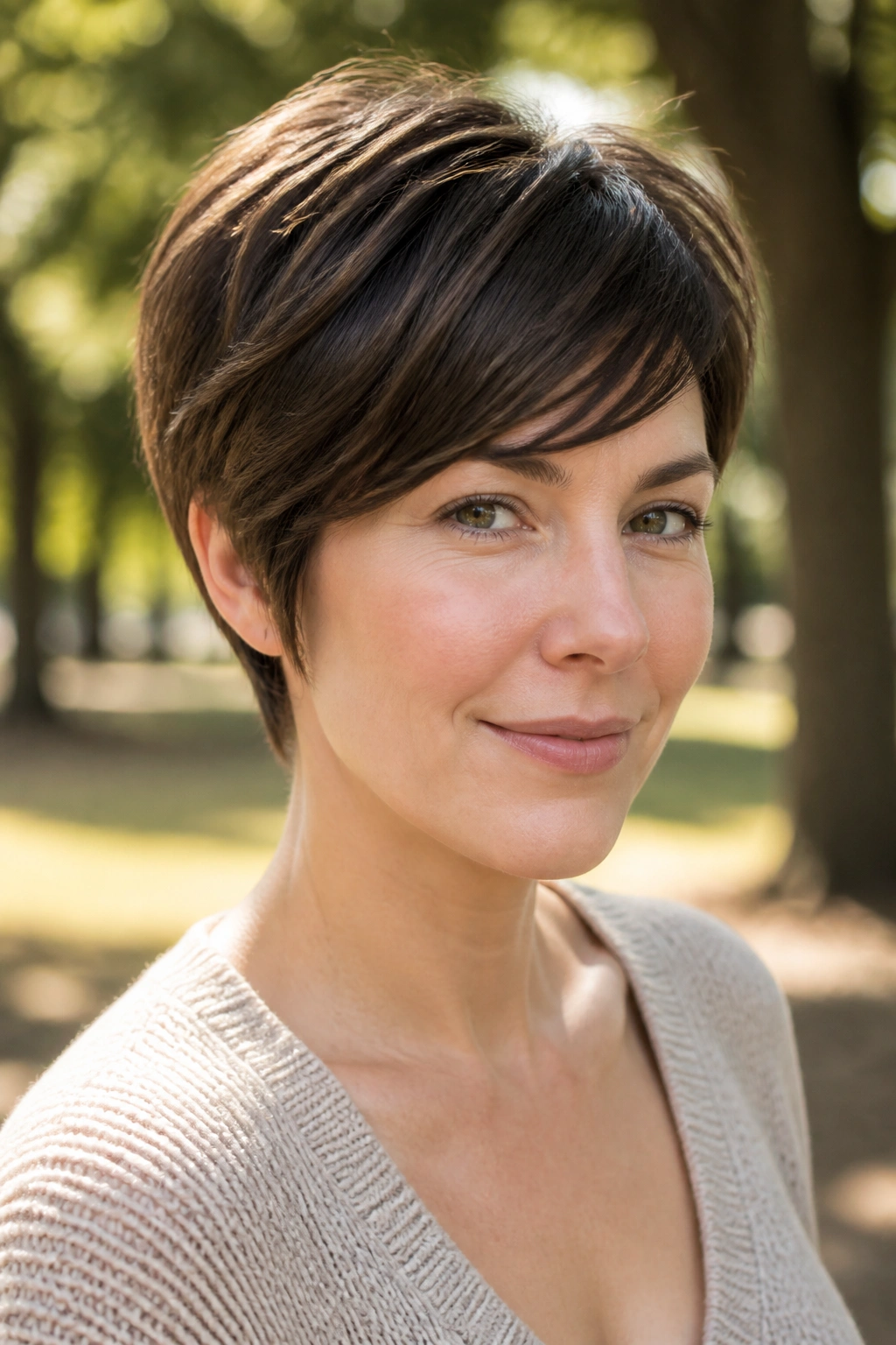 Close-up portrait of a real woman with a long pixie cut covering the ears in park light.