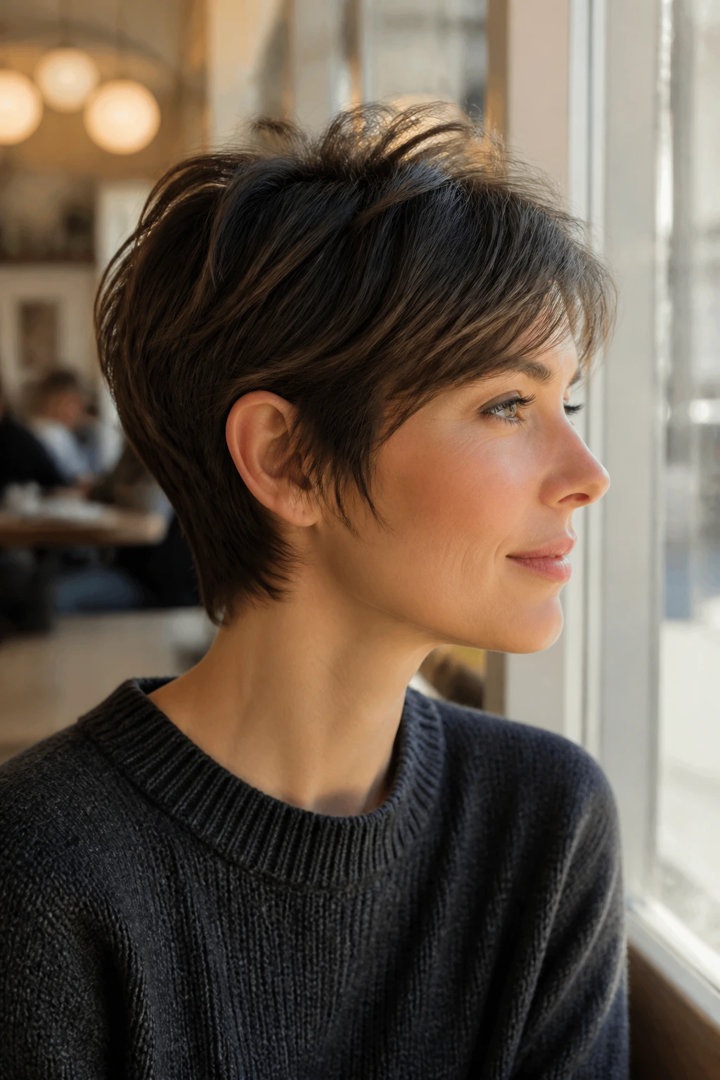 Real woman with long pixie ear-grazing length in bright cafe daylight