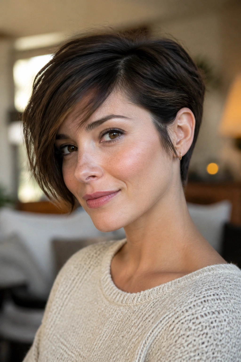 Close-up of real woman with long pixie ear tuck, oval face, cozy home lighting.