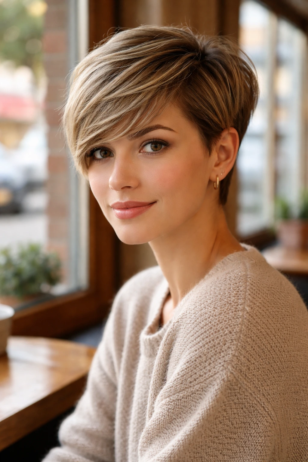 Close-up portrait of a real woman with a long pixie and side-swept fringe