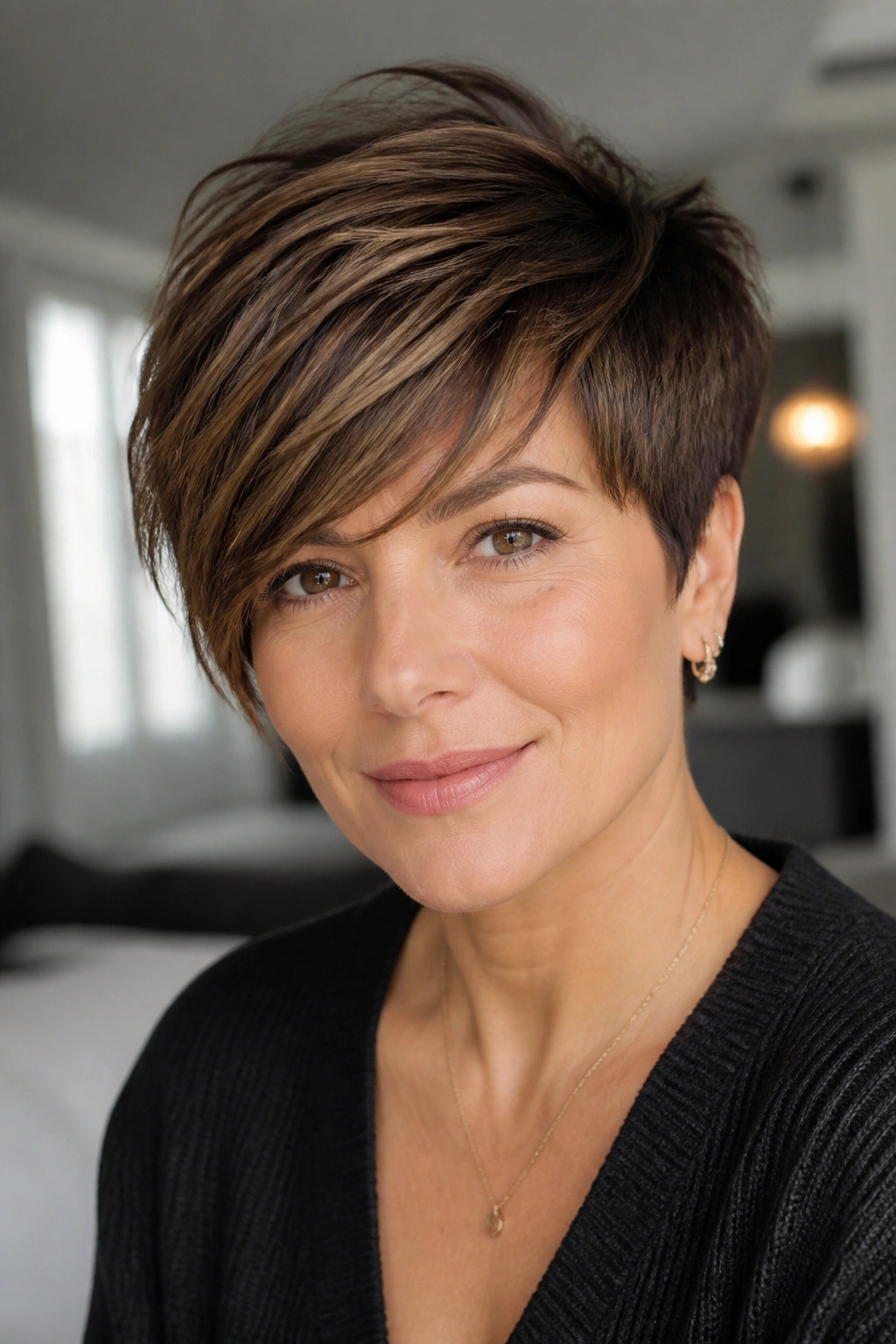 Close-up of a real woman with a long pixie and side-swept fringe under window light