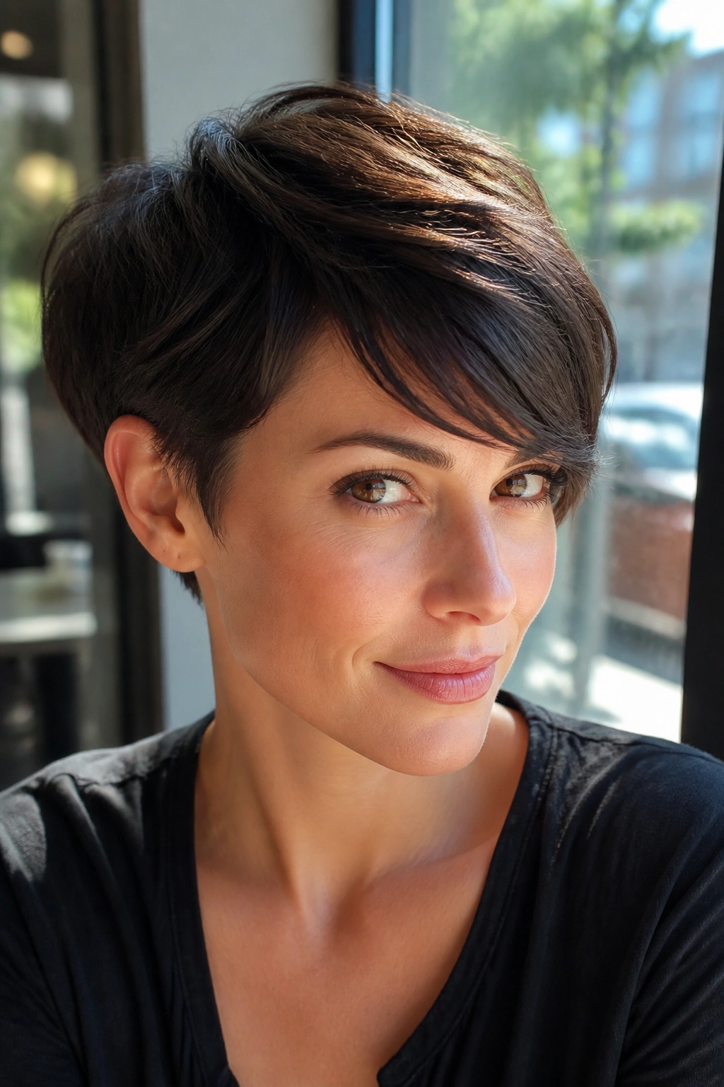 Close-up portrait of a real person with a long pixie and sweeping fringe in daylight