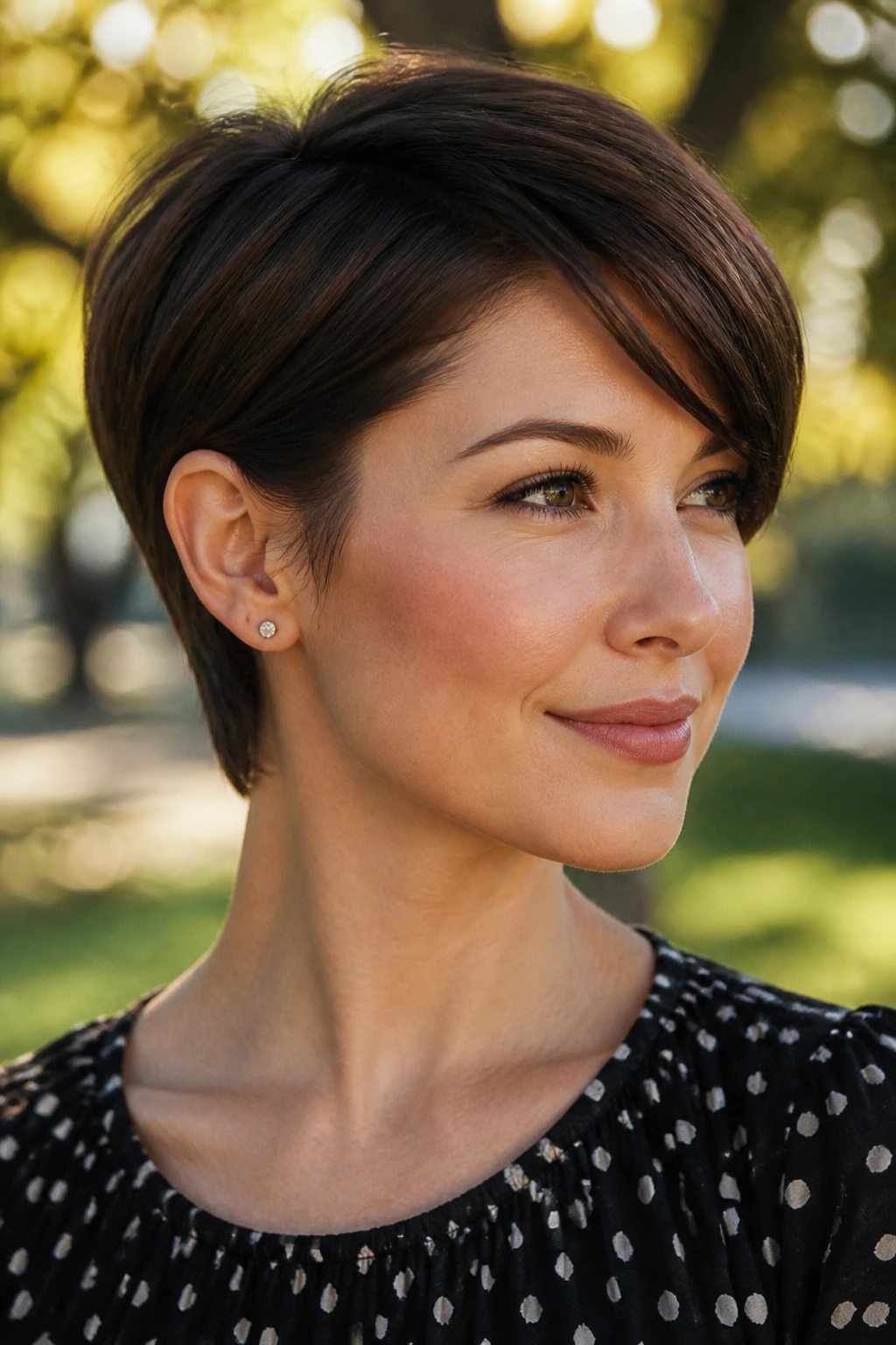 Close-up portrait of a real woman with long pixie side fringe