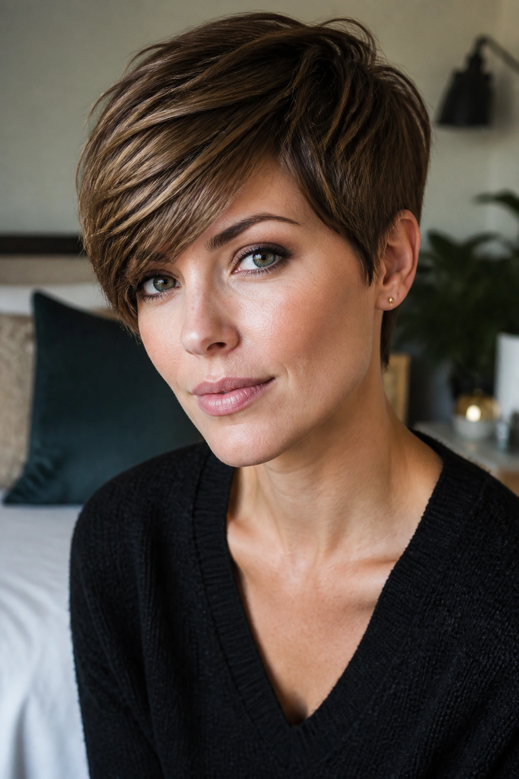 Close-up of a real person with a long pixie and side-swept fringe.