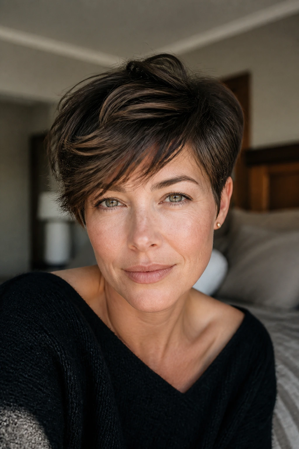 Portrait of a real woman with a long pixie hairstyle showing soft top layers