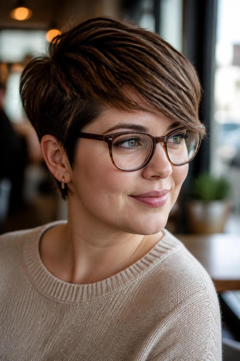 Real woman with long pixie swept length at the forehead, flattering for round faces.
