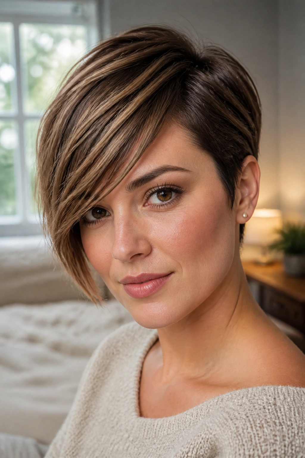 Close-up portrait of a woman with a side-swept long pixie and diagonal fringe highlighting the cheekbones.