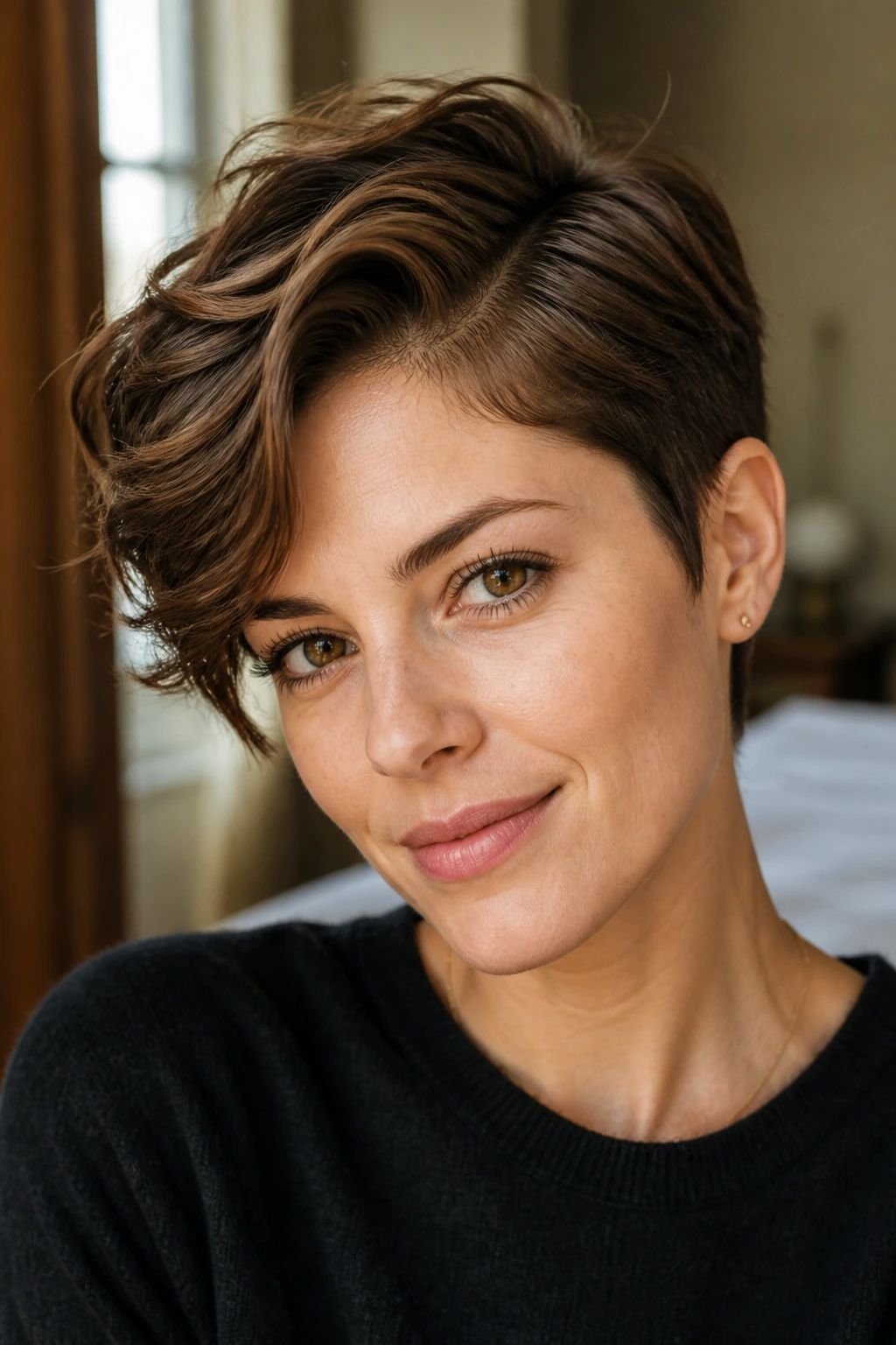 Close-up of a real woman with a long pixie and side part, top waves and movement