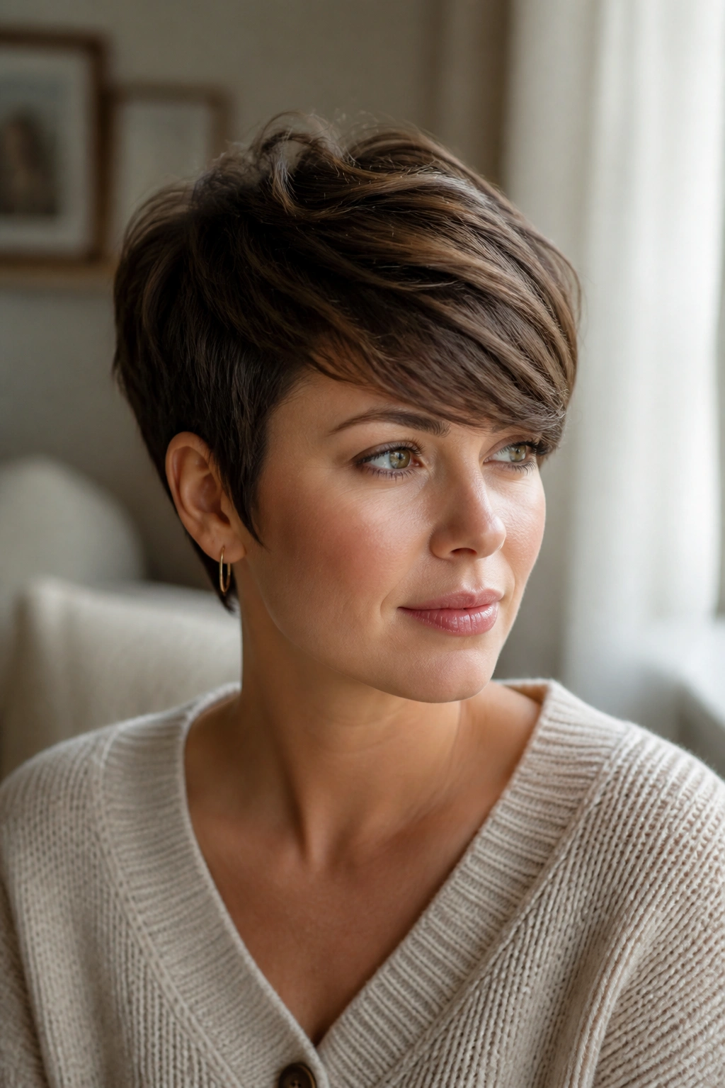 Close-up of a real woman with a long pixie and side-swept bangs.
