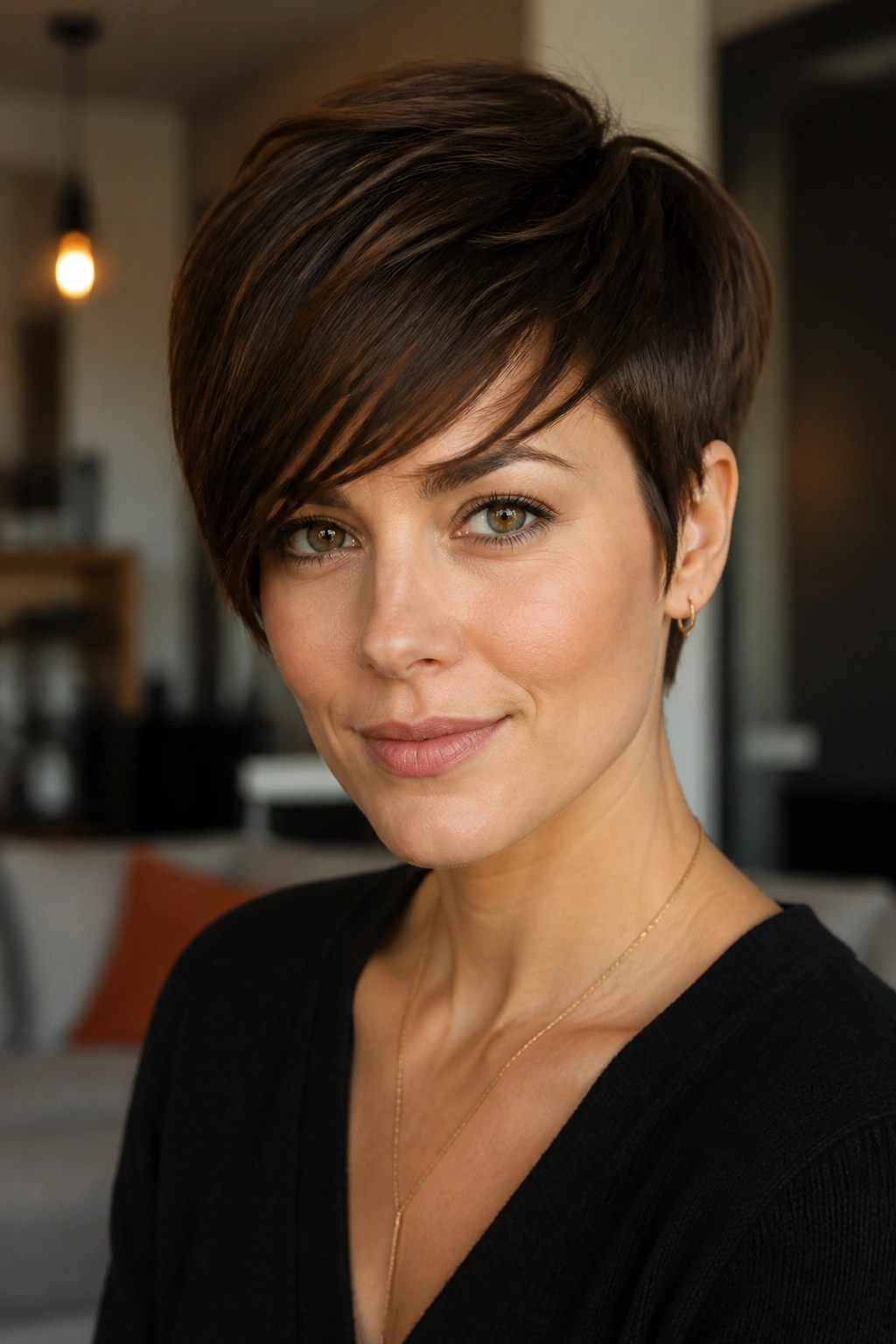Close-up of a real woman with a long pixie and side-swept fringe