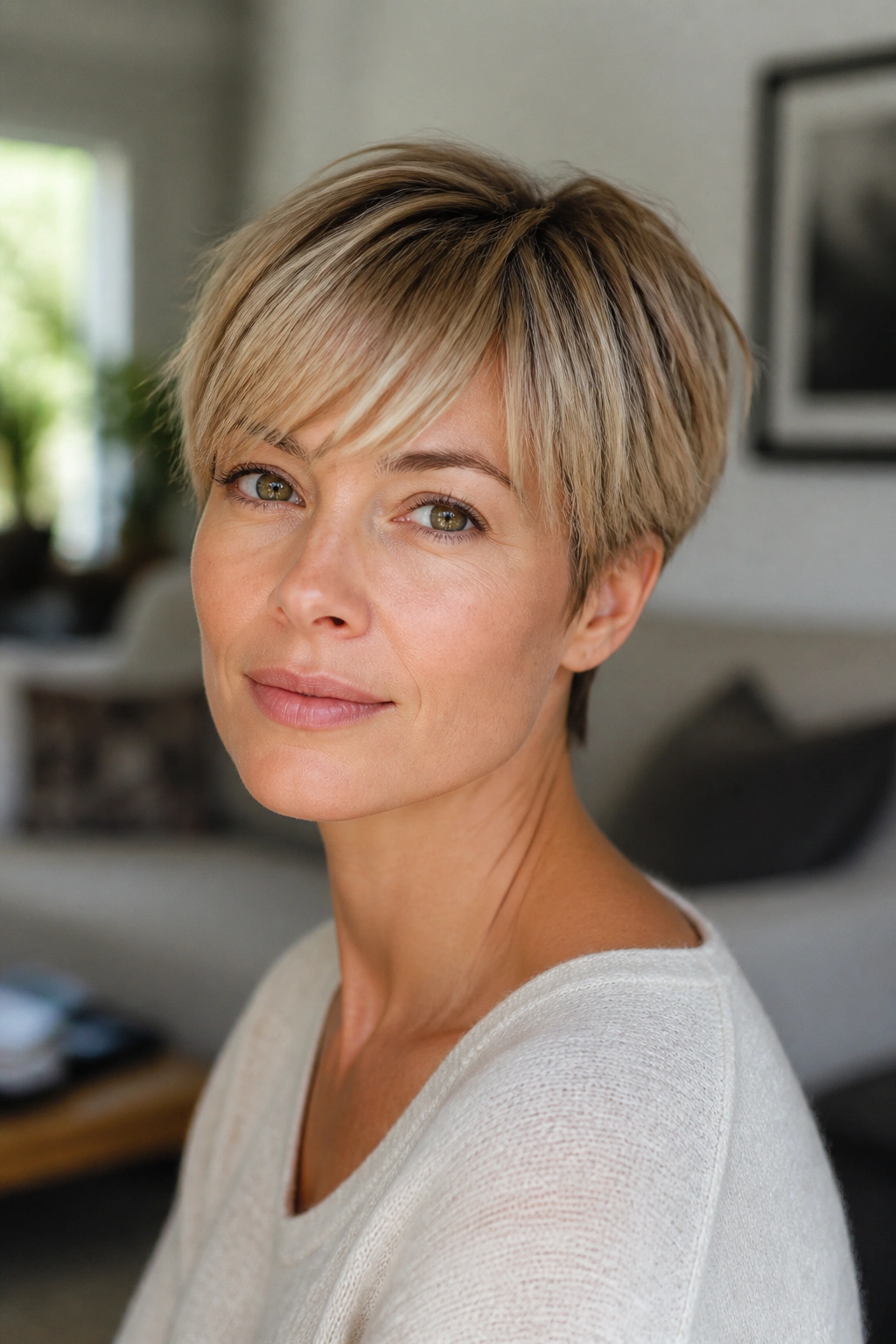 Long pixie with soft fringe on a real woman; close-up portrait
