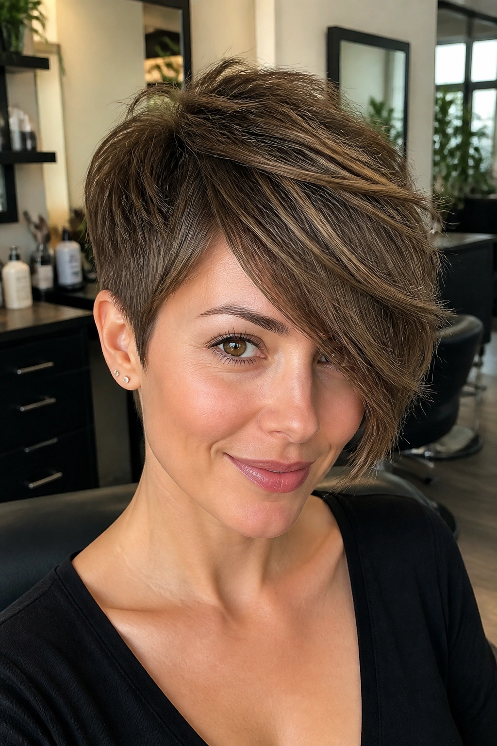 Close-up of a real woman with a long pixie and sweeping fringe