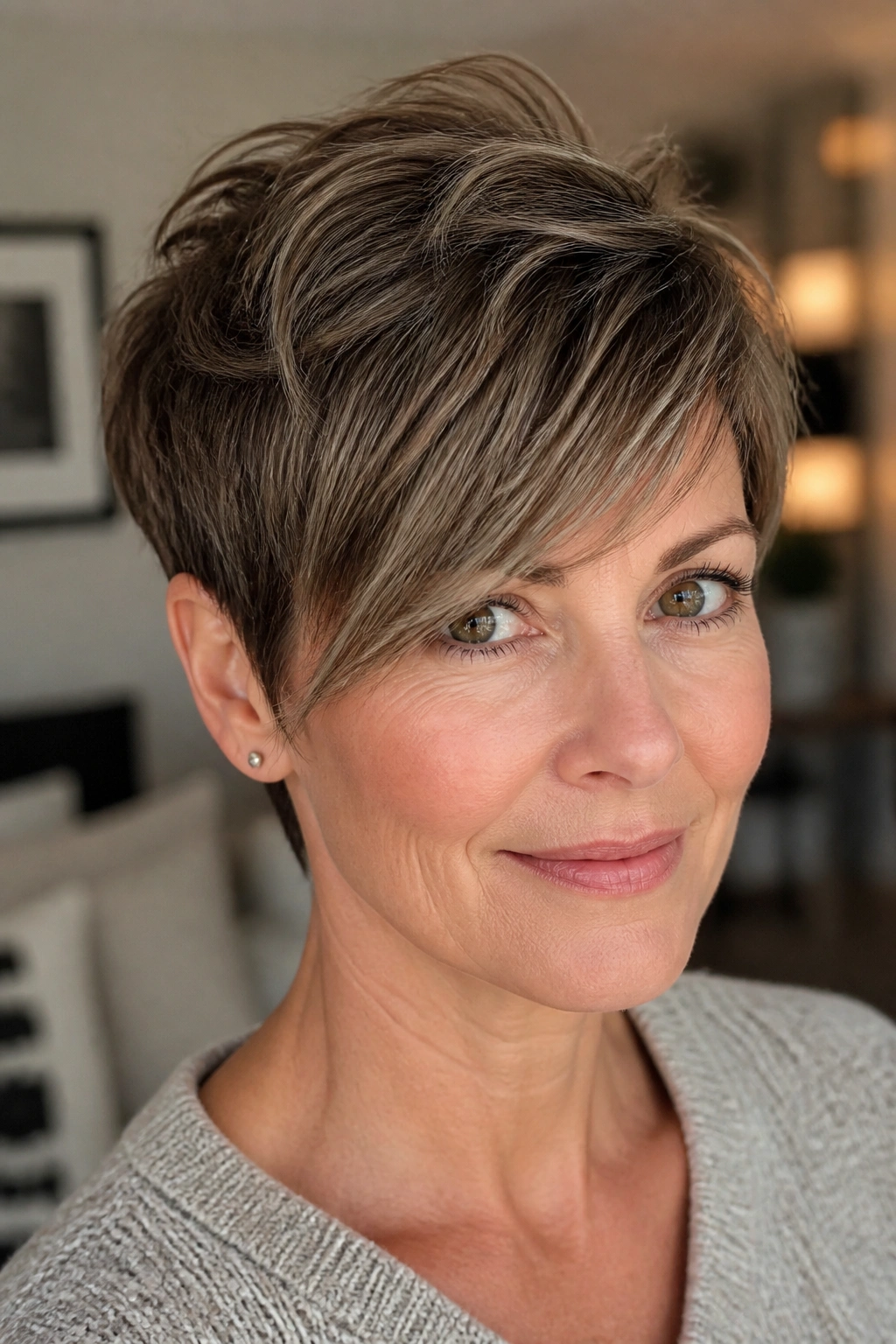 Close-up of a real woman with a long pixie and sweeping fringe.