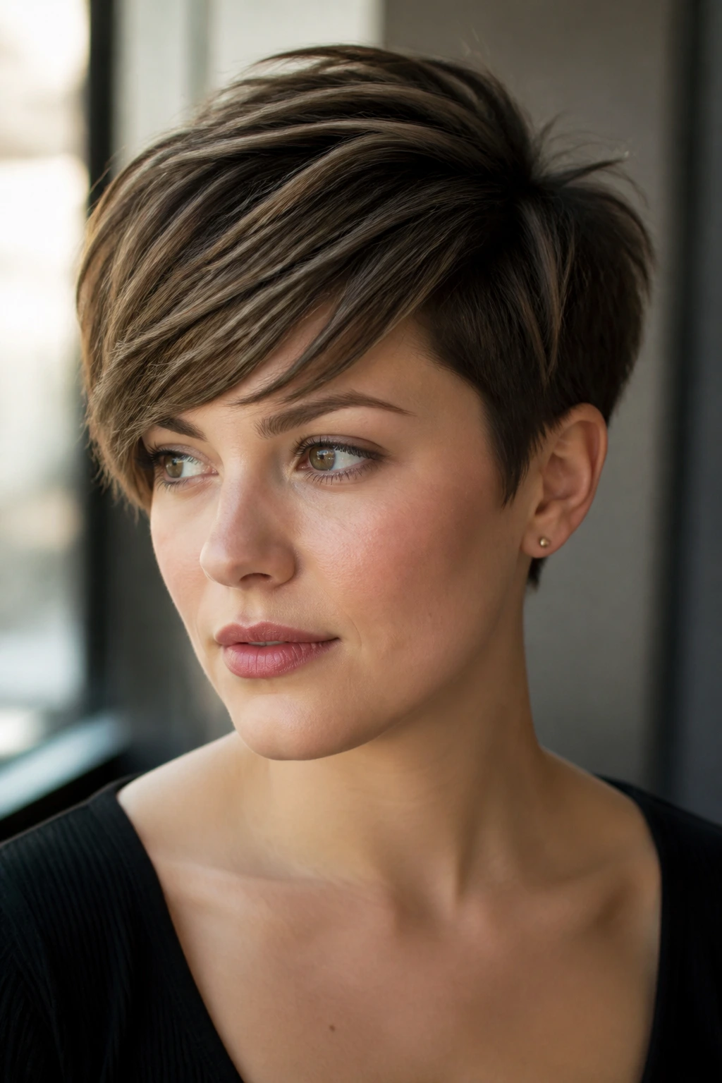 Close-up of a real woman with a long pixie and sweeping fringe