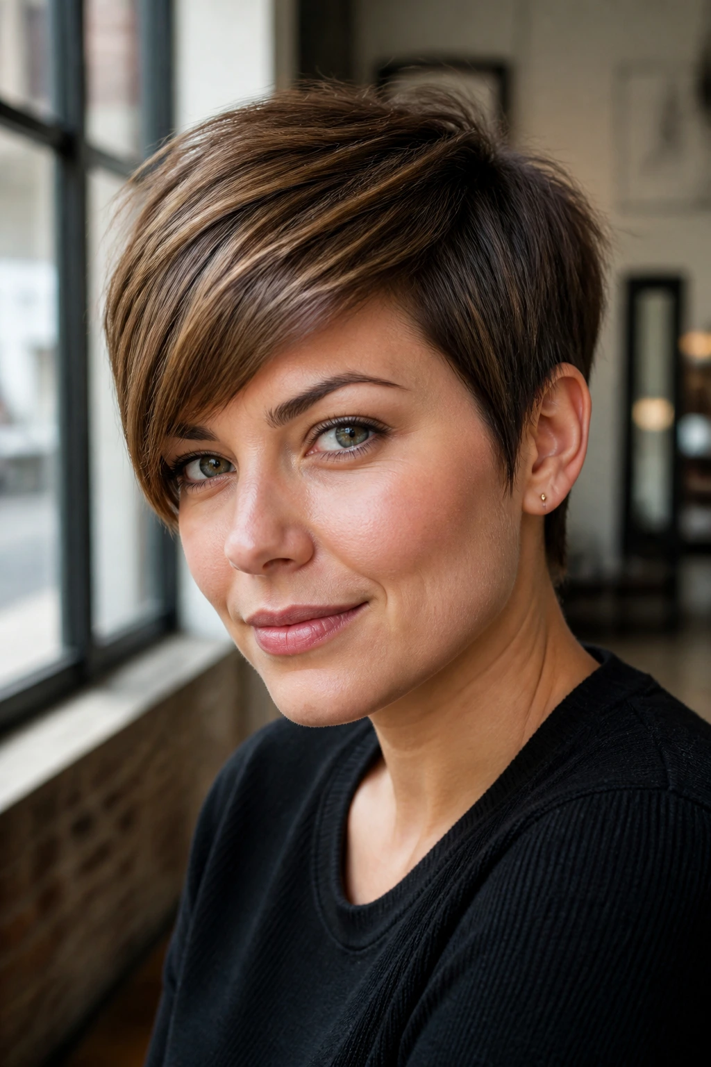 Close-up of a real woman with a long pixie and sweeping fringe hairstyle