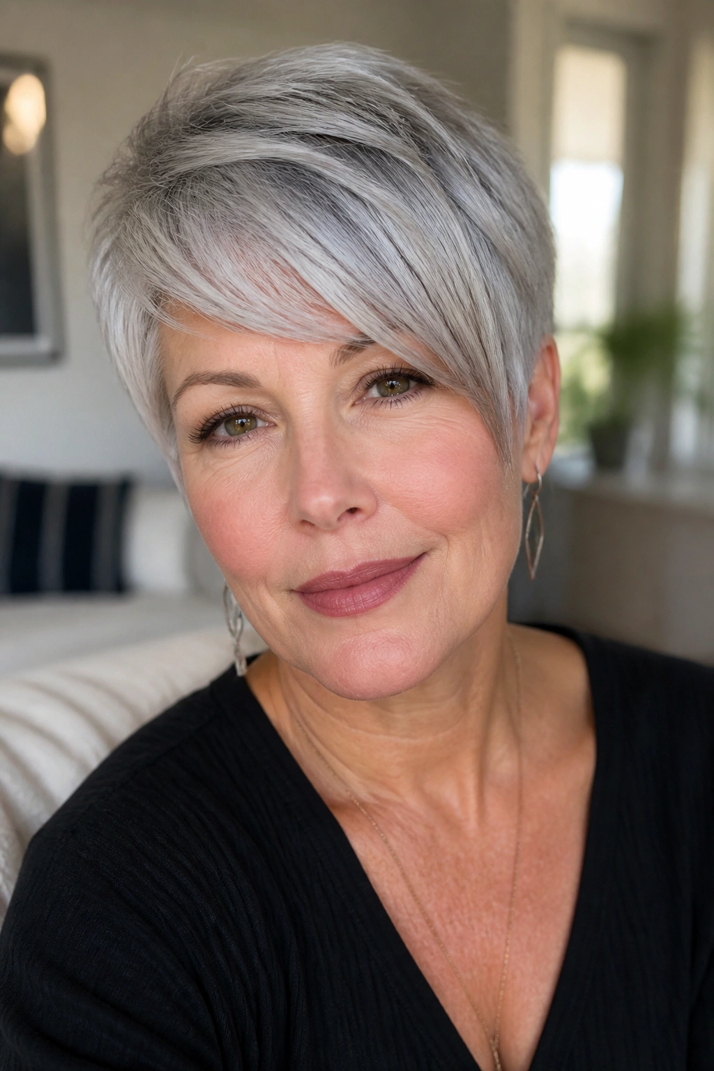 Close-up of a real woman with a long pixie and swept fringe