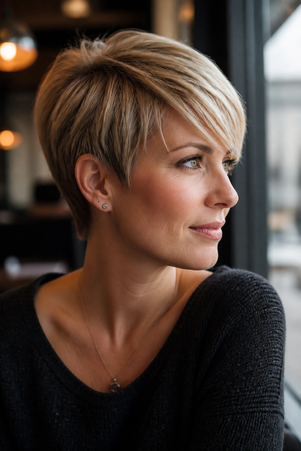 Portrait of a real person with a long pixie swept fringe in natural light