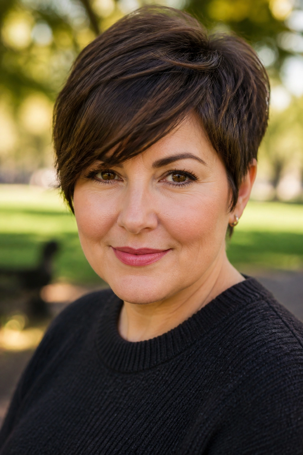 Close-up portrait of a real woman with a long pixie and swept fringe in mocha brown.