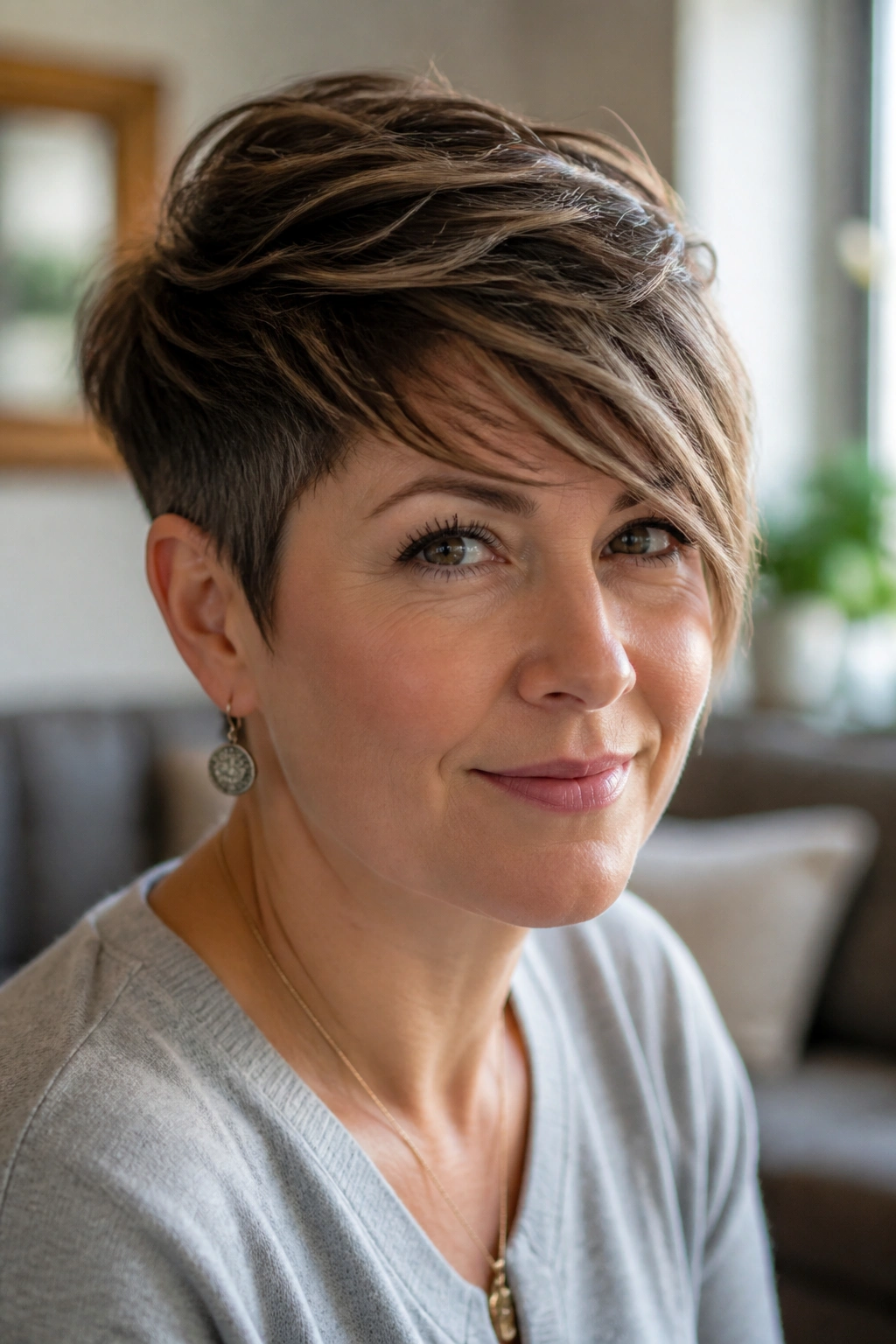 Close-up portrait of a real woman with a long pixie and swept fringe