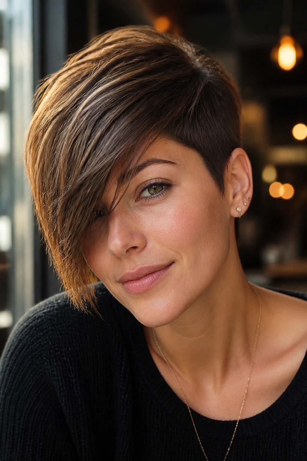 Close-up portrait of a real woman with long pixie swept-over length hairstyle