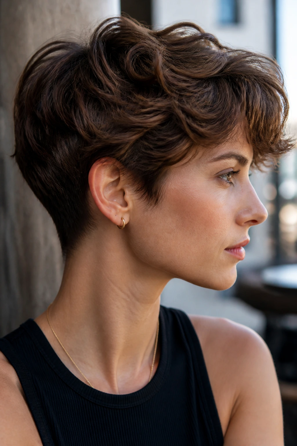 Close-up of a real person with a long pixie and tapered nape hairstyle.