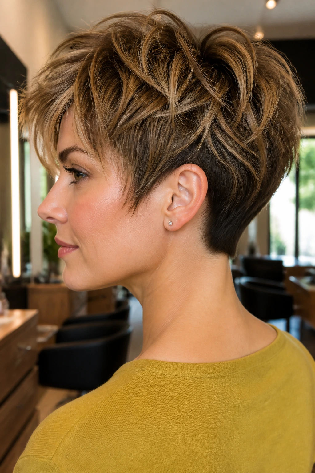 Close-up portrait of a real woman with long pixie hairstyle featuring textured crown and clean nape