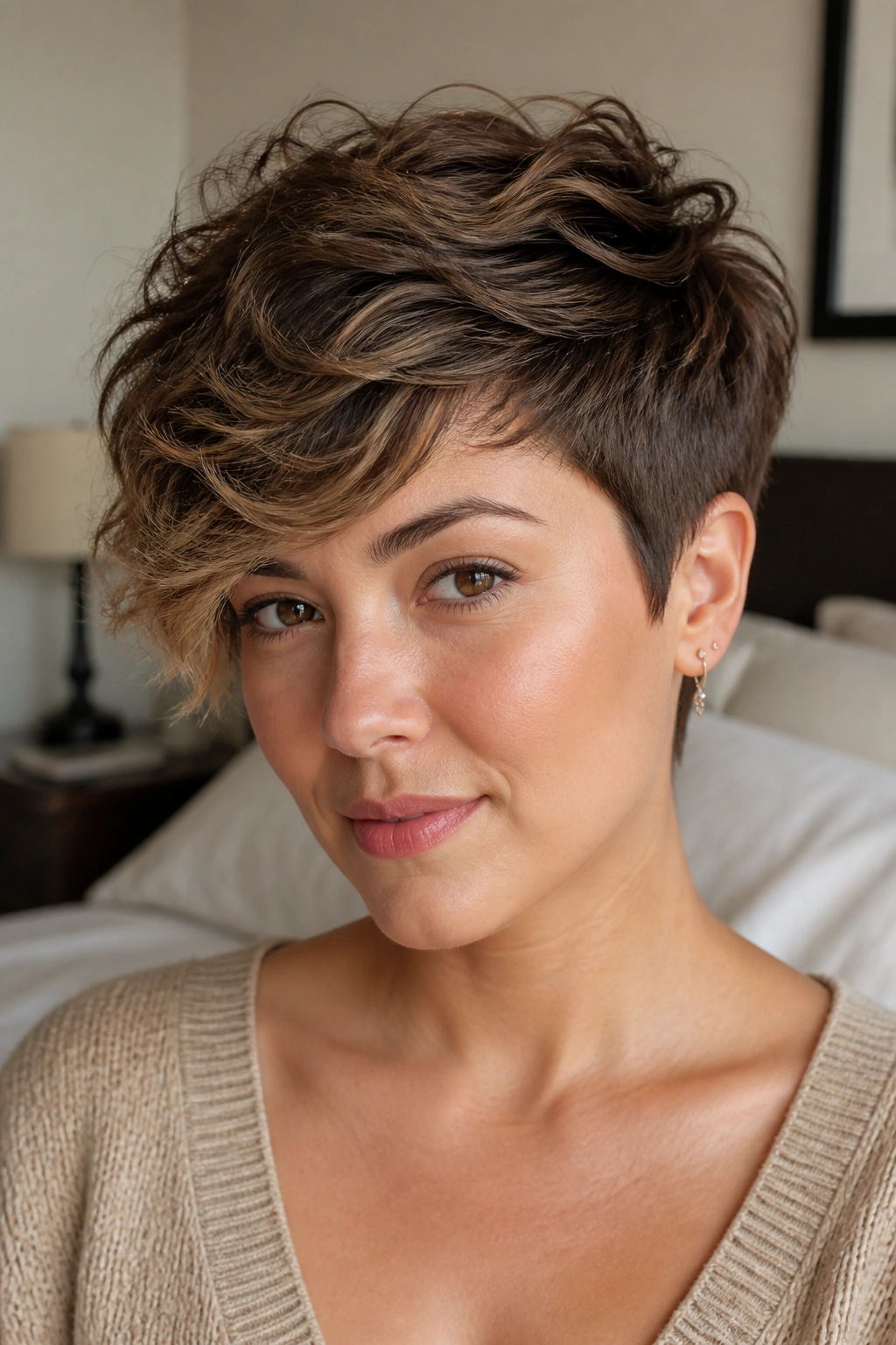 Close-up of a real woman with a long pixie and wavy top
