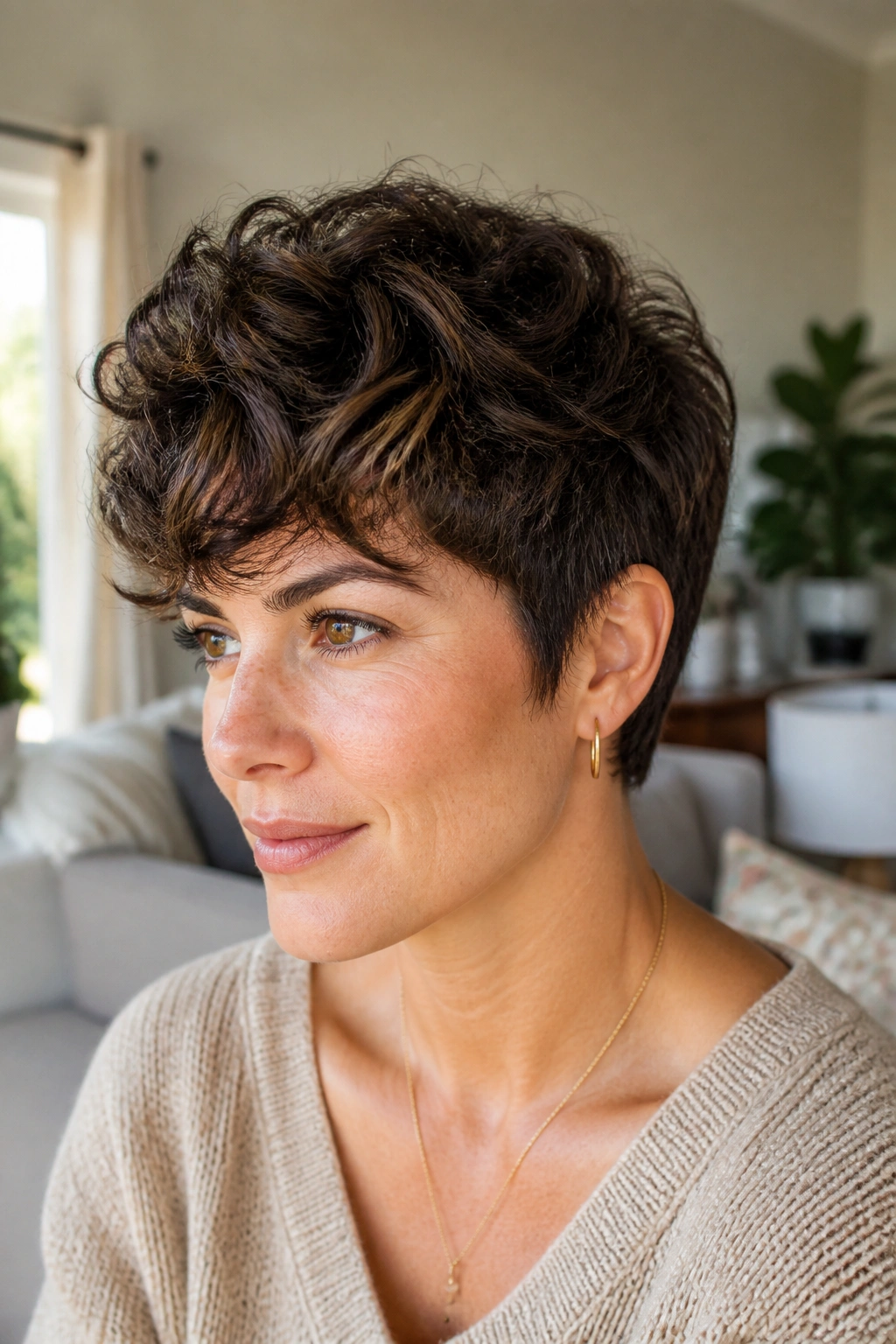 Real woman with natural-waved long pixie for thick hair in a sunlit room.