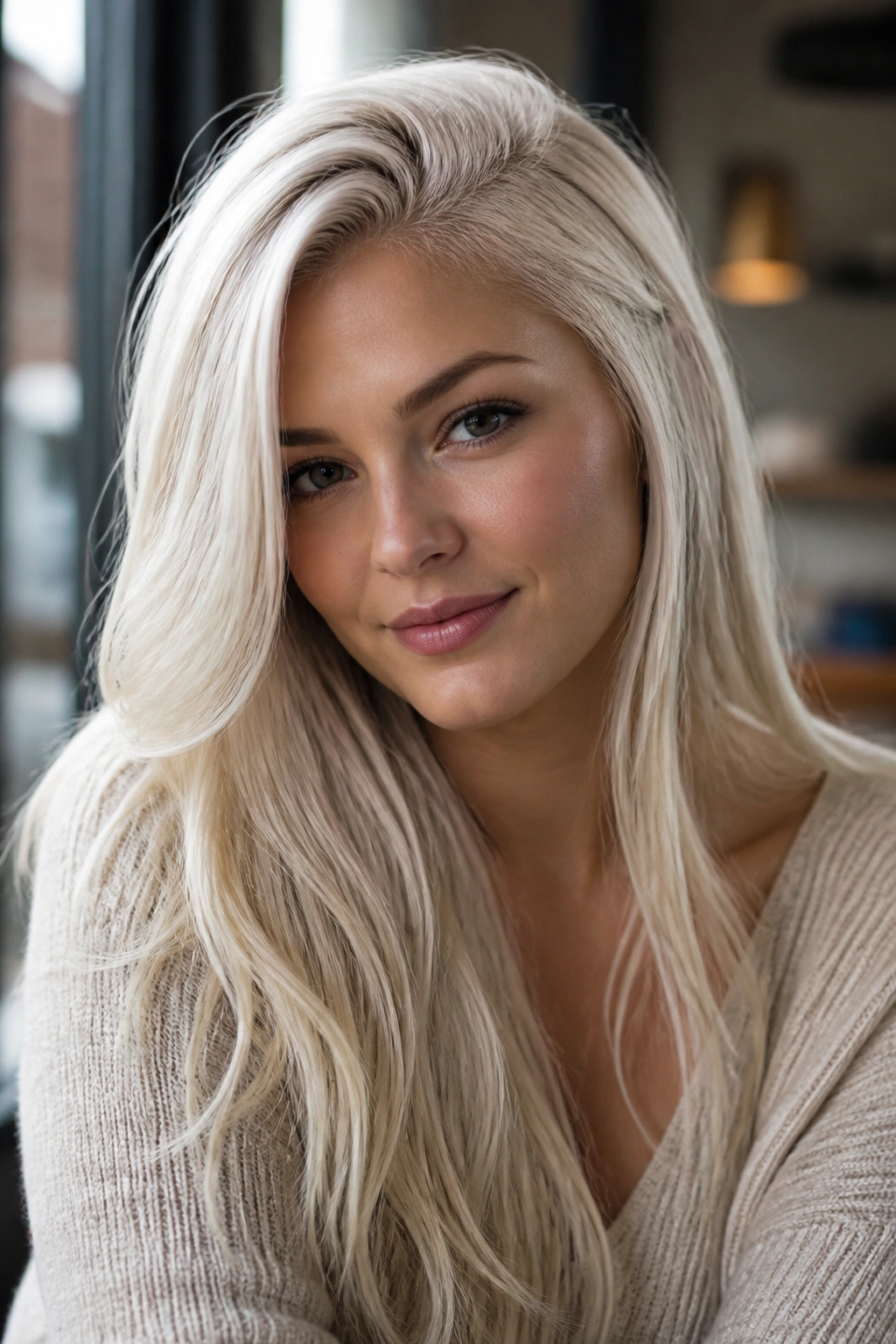 Close-up of a real woman with long platinum hair and a deep side part