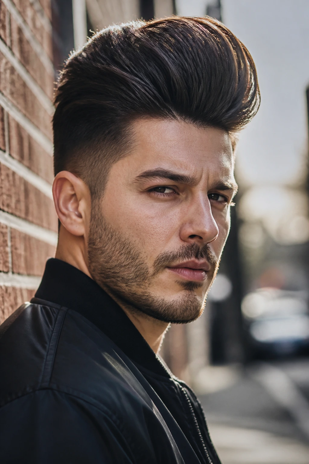 Close-up of a man with a long pompadour against a brick wall
