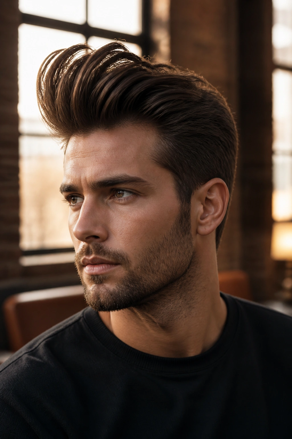 Portrait of a man with a long quiff showing extra height in a loft
