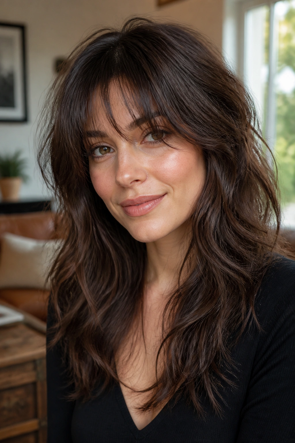 Close-up of a real woman with a long shag and airy fringe.