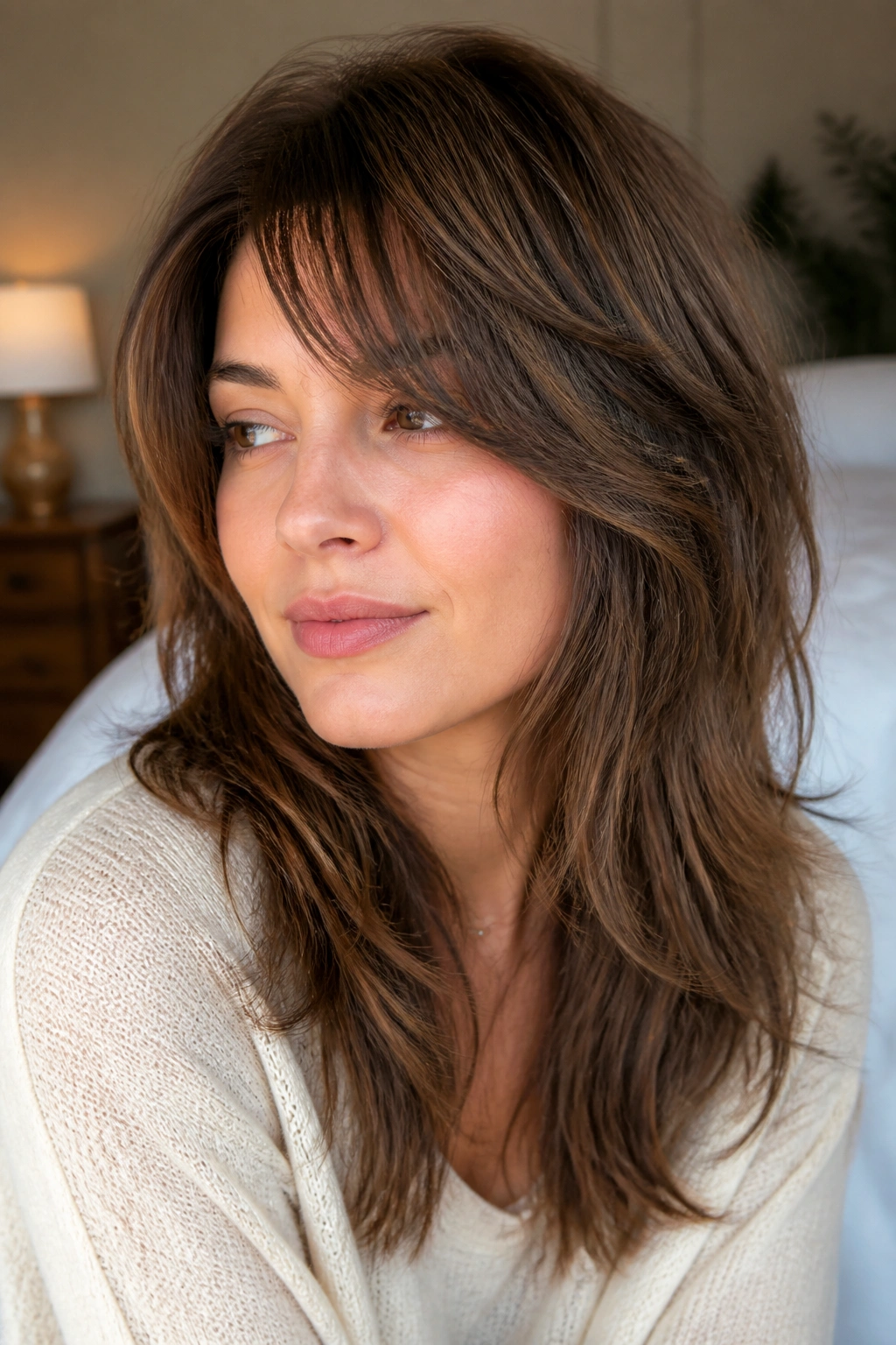 Close-up portrait of a woman with long shag and airy side bangs, warm natural light