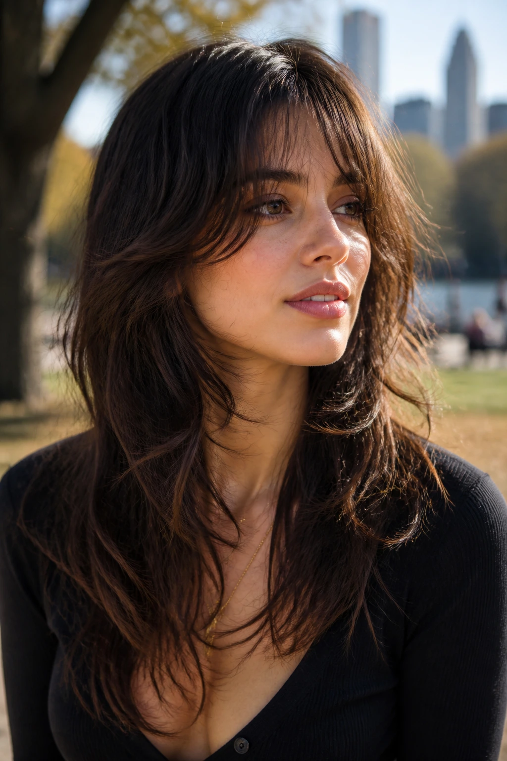 Portrait of a woman with long shag and airy texture in park light.